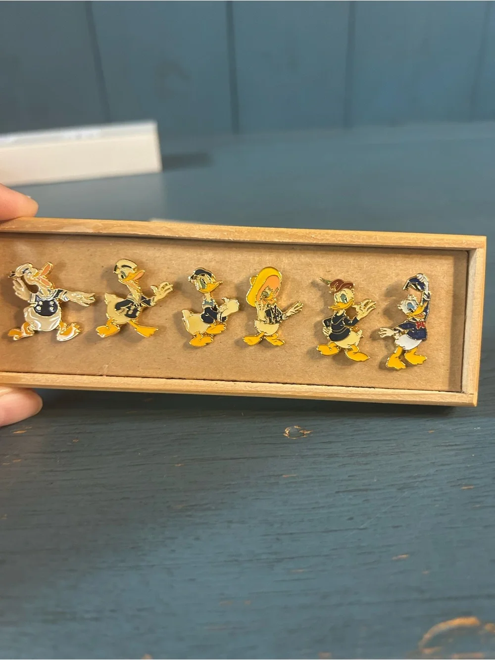 Vintage Disney - Set of 6 Donald Duck Character Pins in Wooden Collectors Box